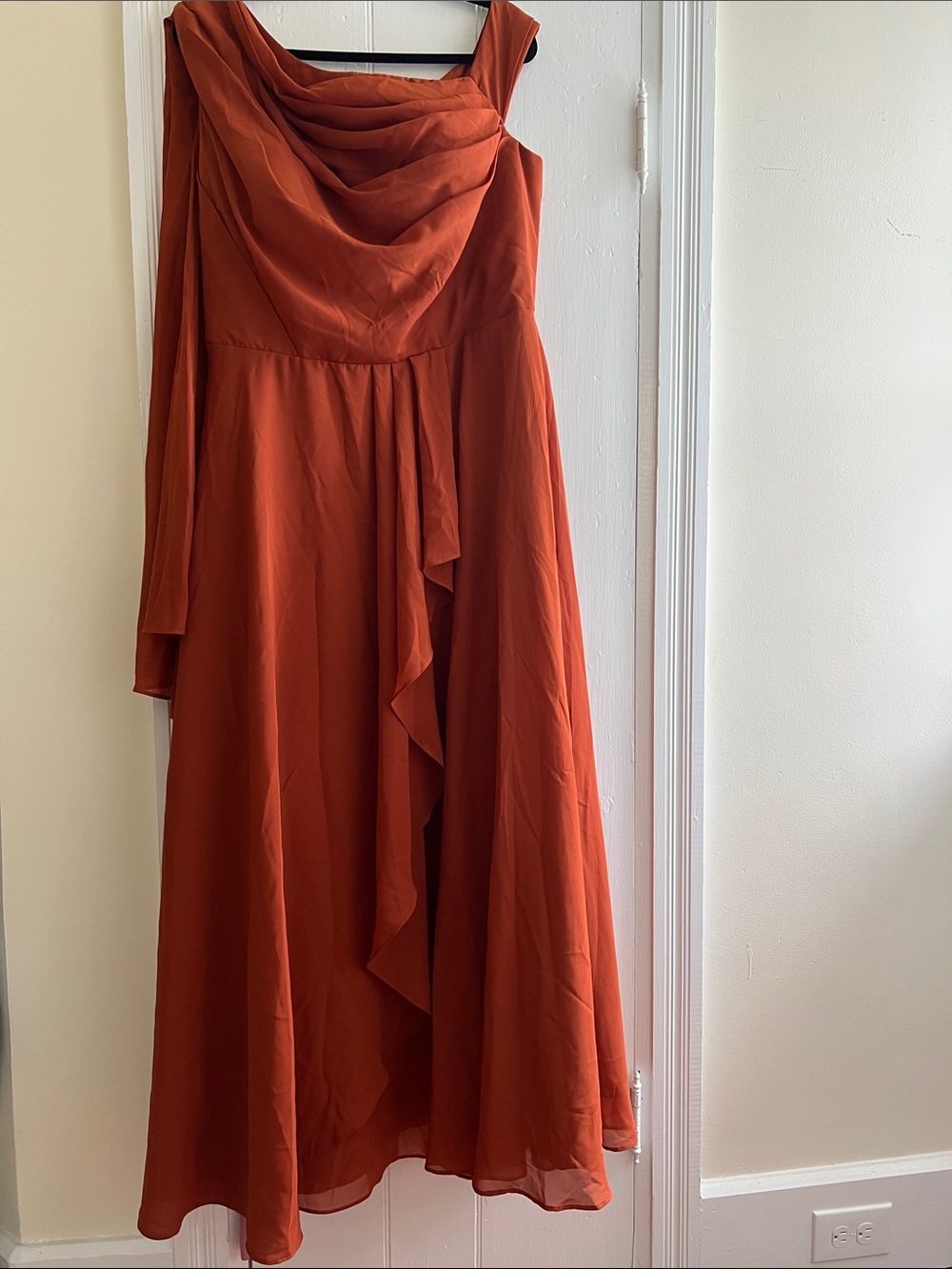Elegant Rust One-Shoulder Scarf Draped Women's Gown